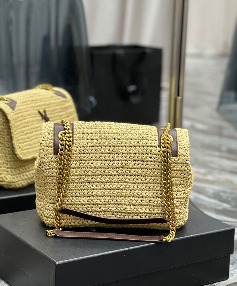 Saint Laurent Niki Medium Chain Bag In Raffia And Leather Apricot