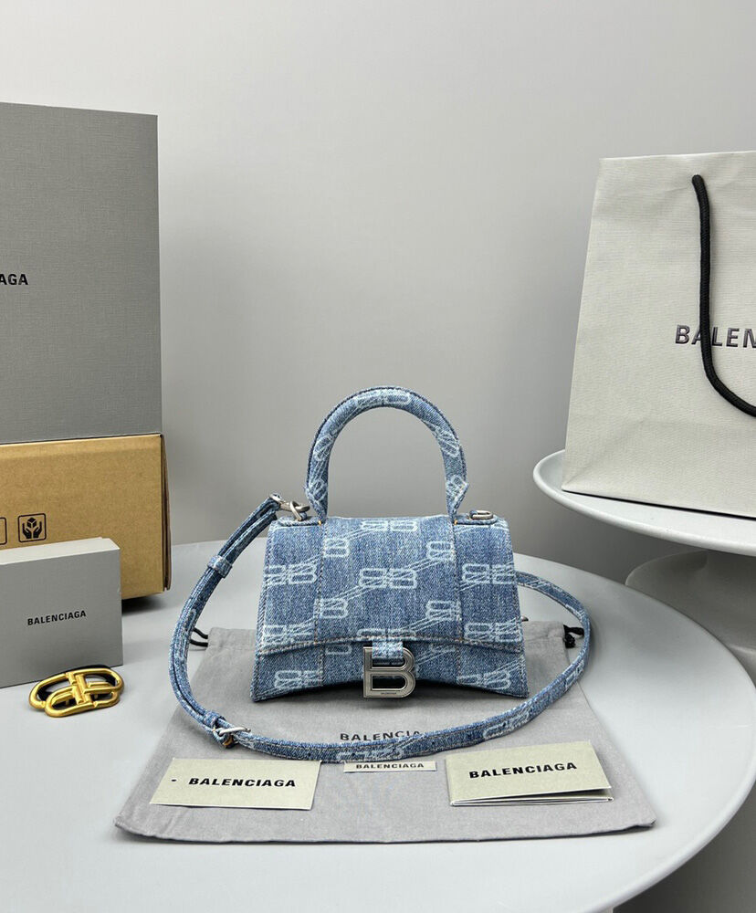 Balenciaga BB Monogram Hourglass XS Denim Tote Blue
