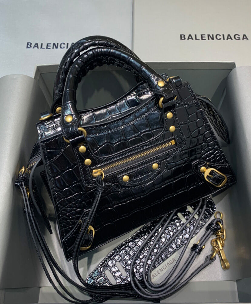 Balenciaga Neo Classic Xs Handbag Crocodile Embossed Black