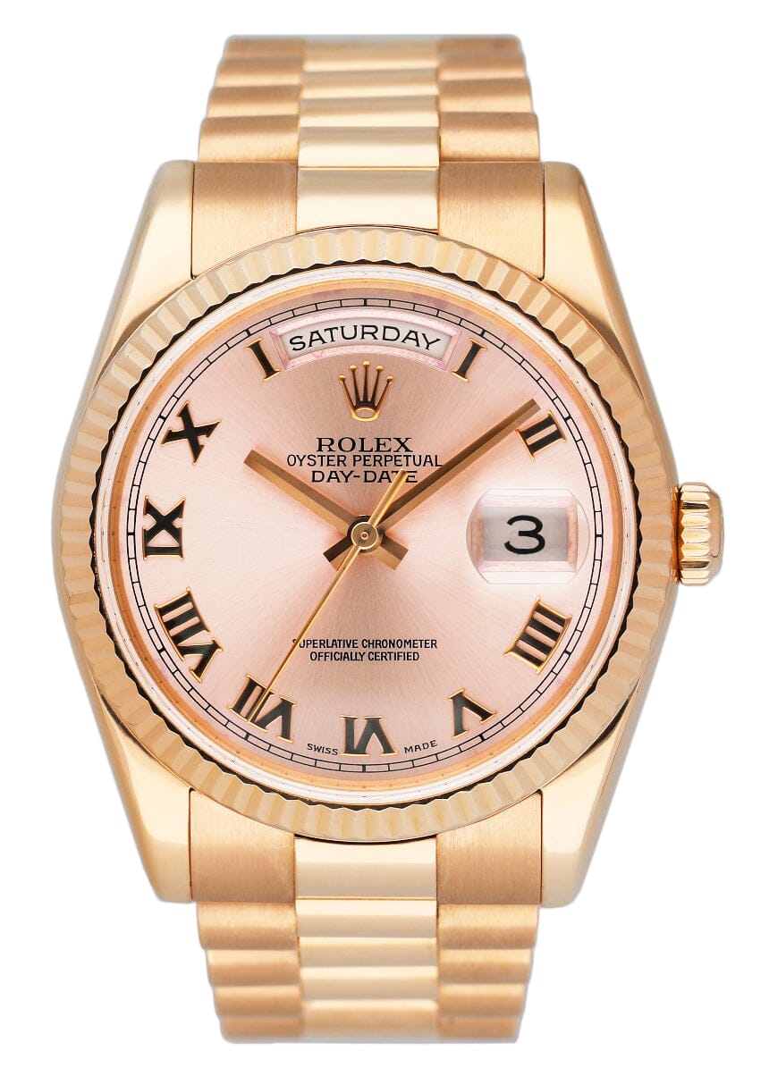 Rolex Day Date 118235 Pink Dial 18k Rose Gold Mens Watch