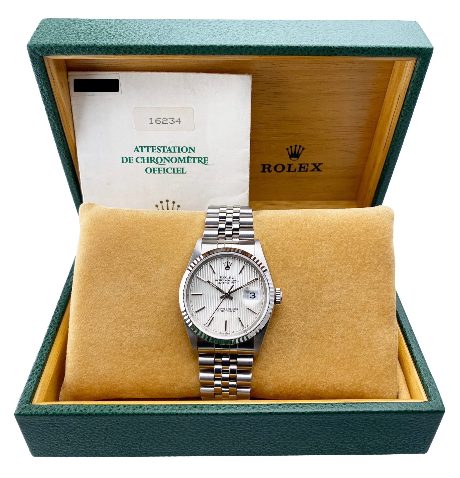 Rolex Datejust 16234 Silver Linen Dial Mens Watch Box Papers