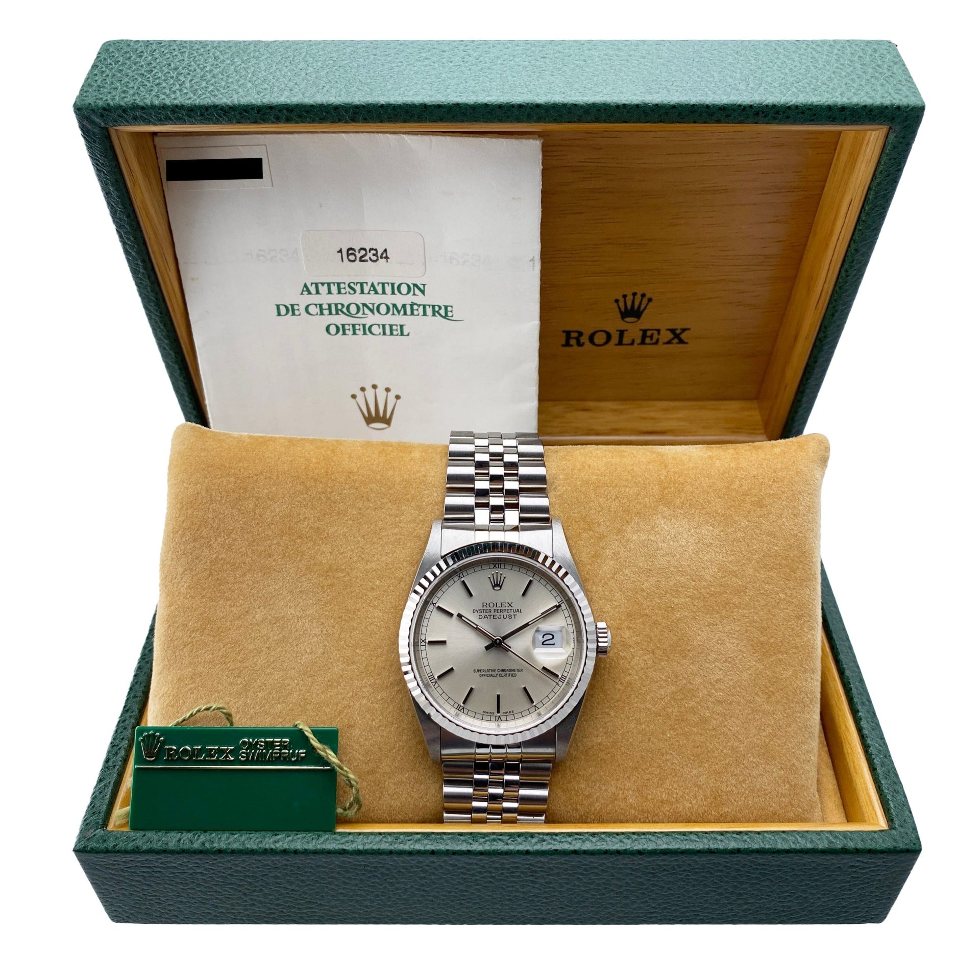 Rolex Datejust 16234 Silver Dial Mens Watch Box Papers
