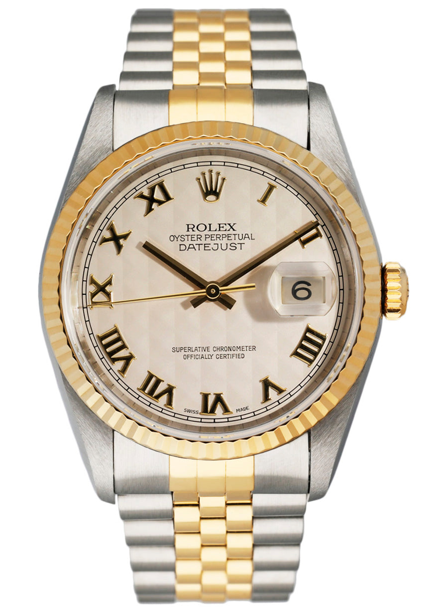 Rolex Datejust 16233 Ivory Pyramid Dial Mens Watch Box Papers