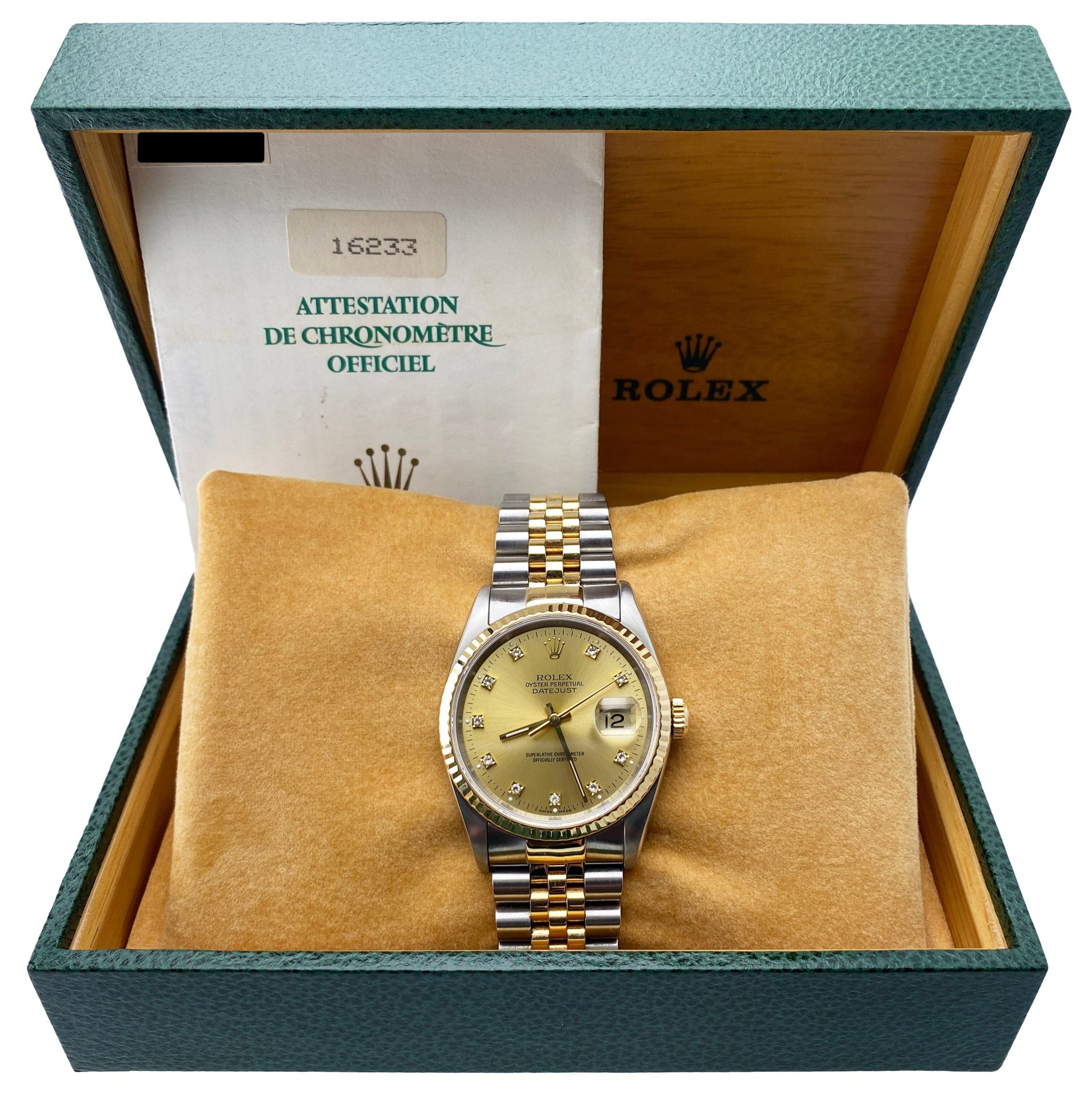 Rolex Datejust 16233 Diamond Champagne Dial Mens Watch Box Papers