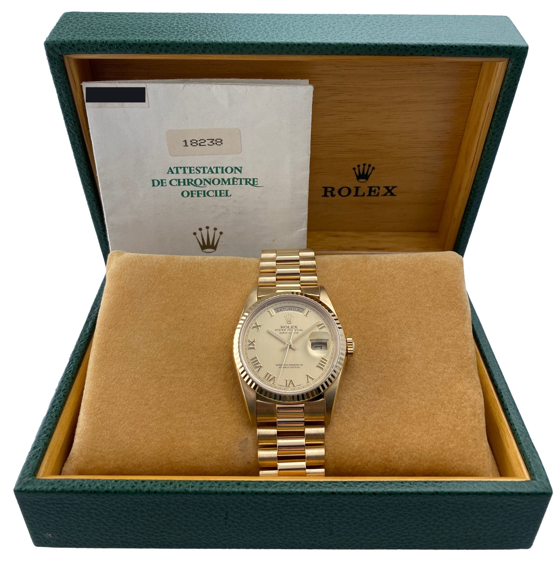 Rolex Day Date 18238 18K Yellow Gold Mens Watch Box Papers