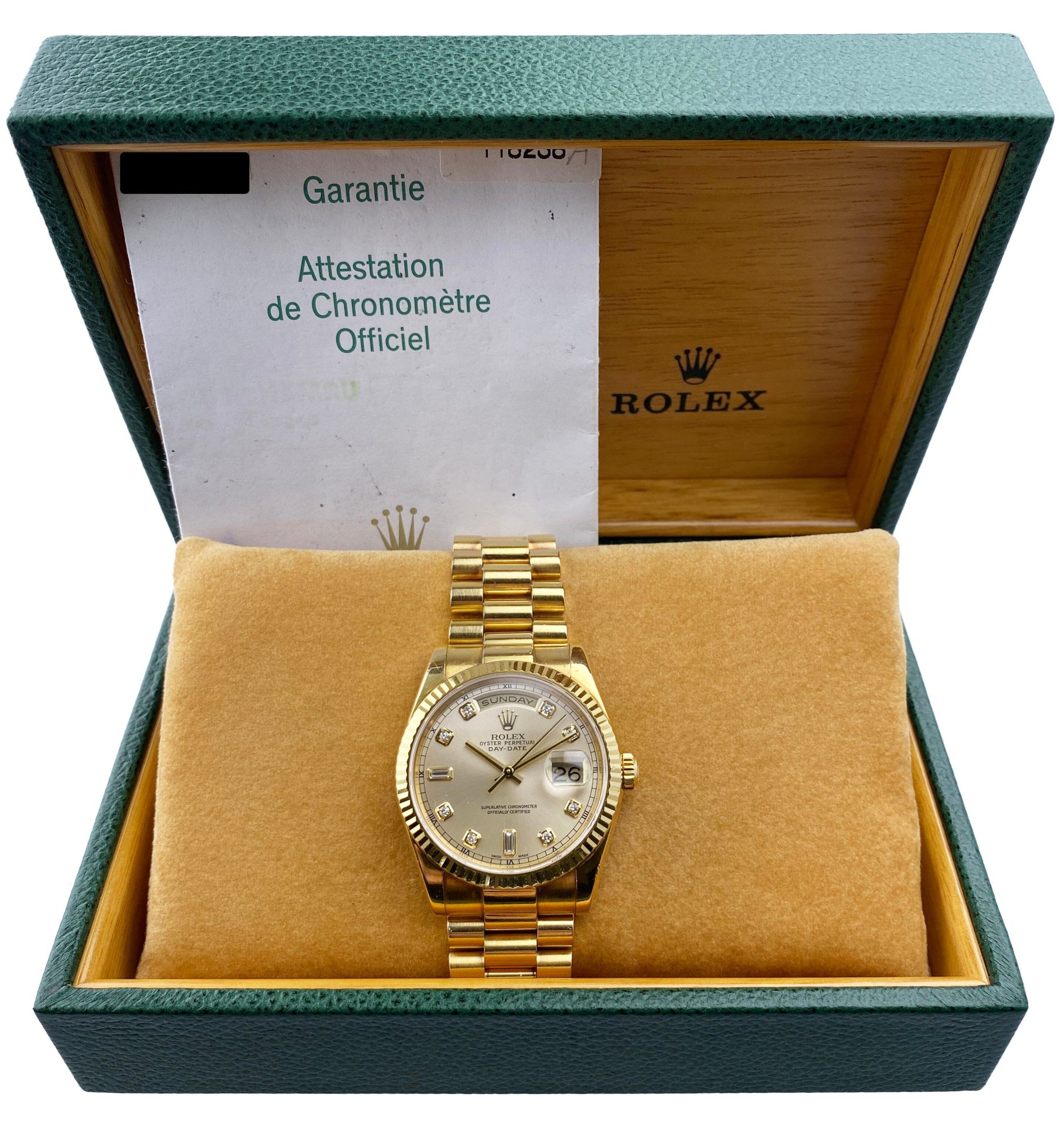 Rolex Day-Date 118238 Diamond Pink Dial Mens Watch Box Papers