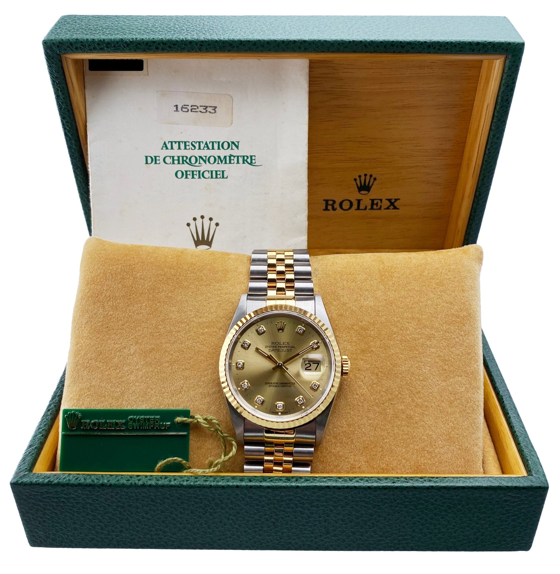 Rolex Datejust 16233 Diamond Dial Mens Watch Box Papers