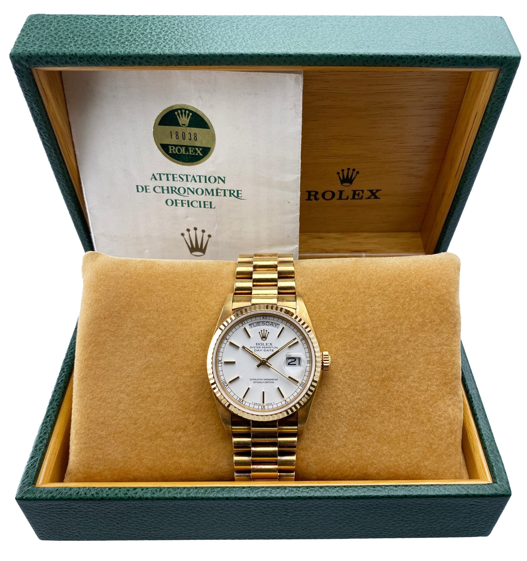 Rolex Day-Date 18038 President White Dial Mens Watch Box Papers