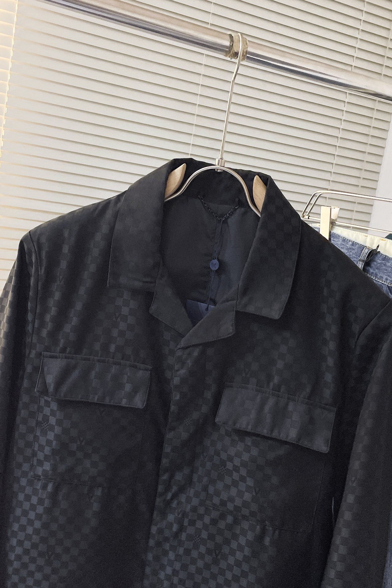 Damier Open Collar Wool Overshirt