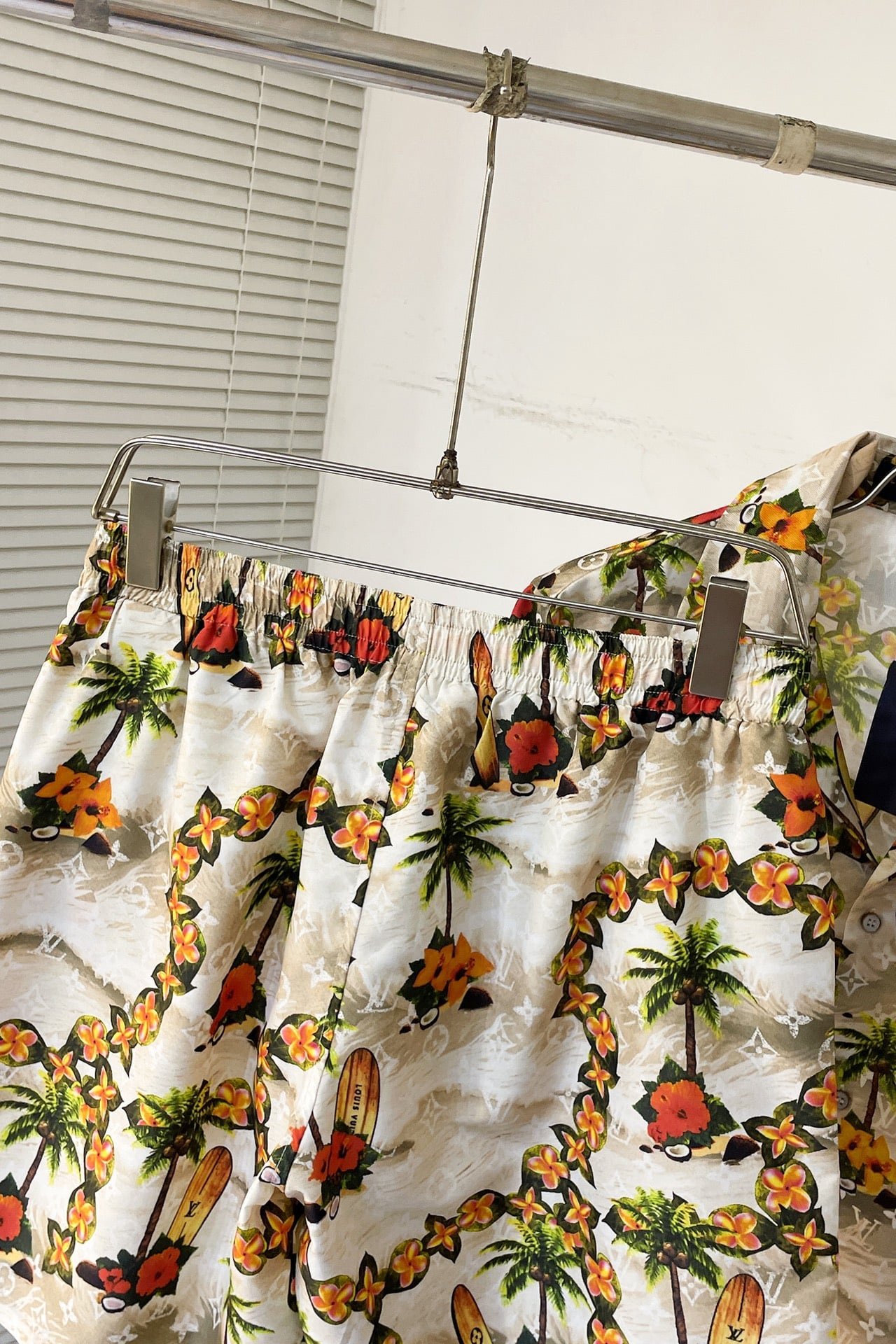 LV Monogram Short-Sleeved Silk Shirt +Monogram Silk Drawstring Shorts