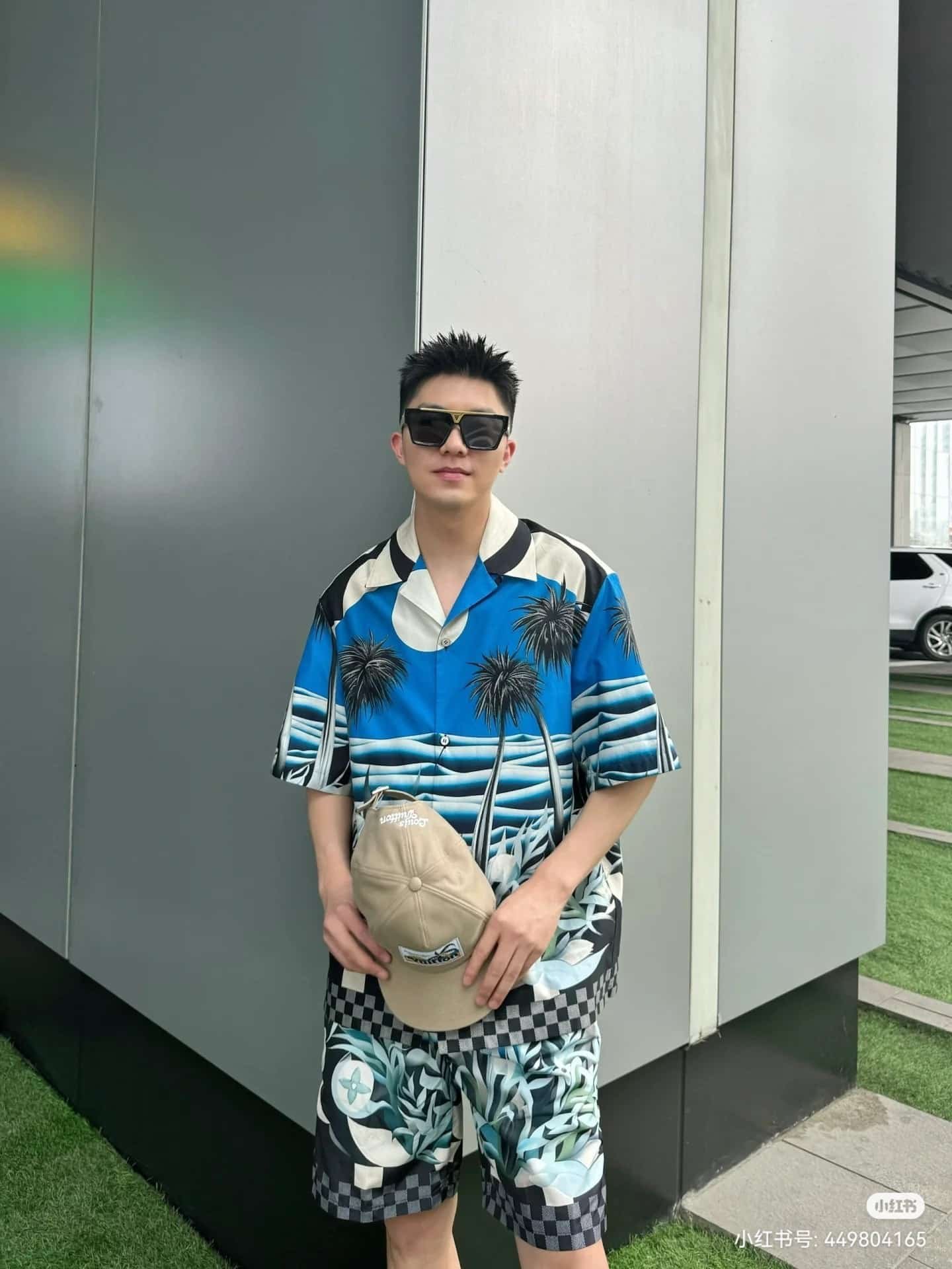 LV Printed Short-Sleeved Cotton Shirt+Technical Cotton Jersey Shorts