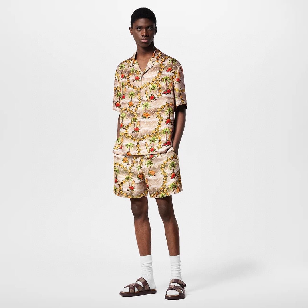 LV Monogram Short-Sleeved Silk Shirt +Monogram Silk Drawstring Shorts