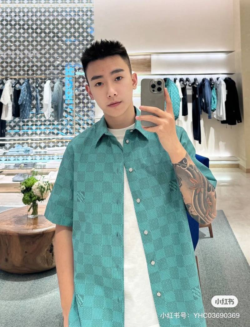 LV Printed Short-Sleeved Cotton Shirt+Printed Nylon Swimshorts