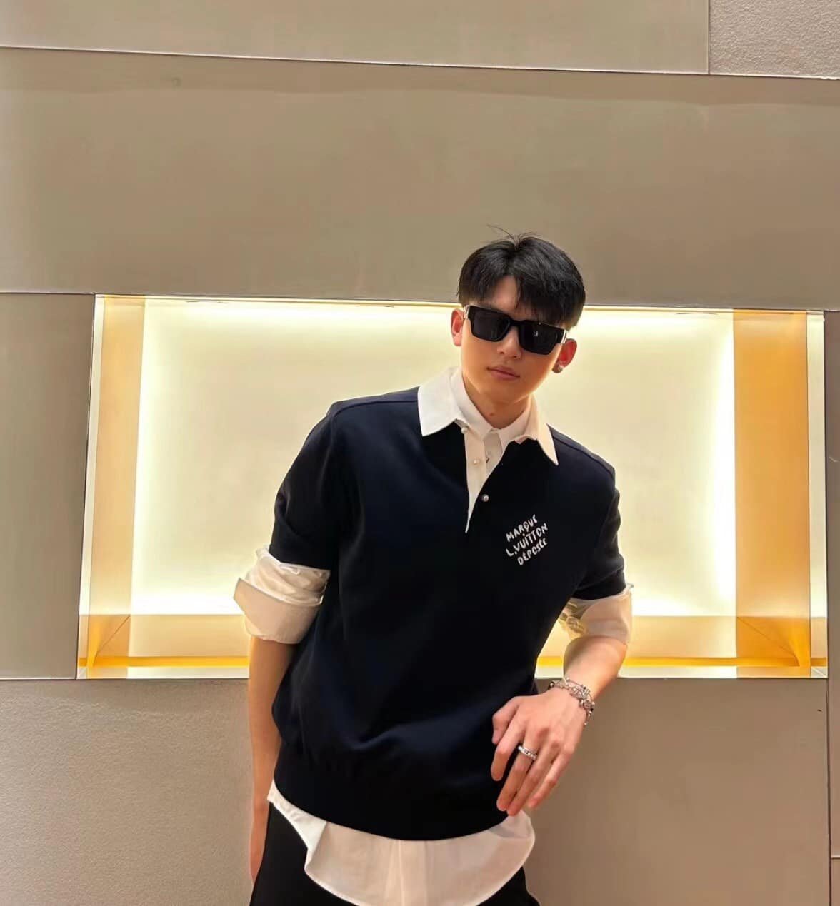 LV Embroidered Short-Sleeved Cotton Blend Polo Shirt