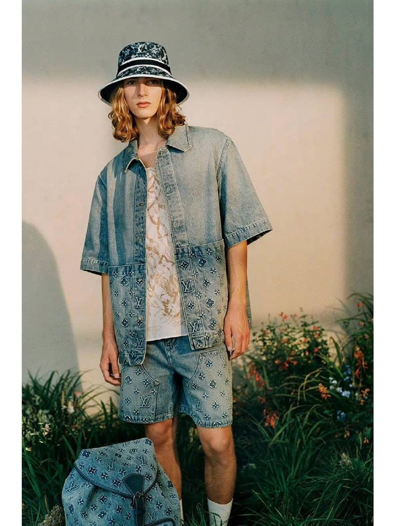 LV Short-Sleeved Denim Workwear Shirt+shorts