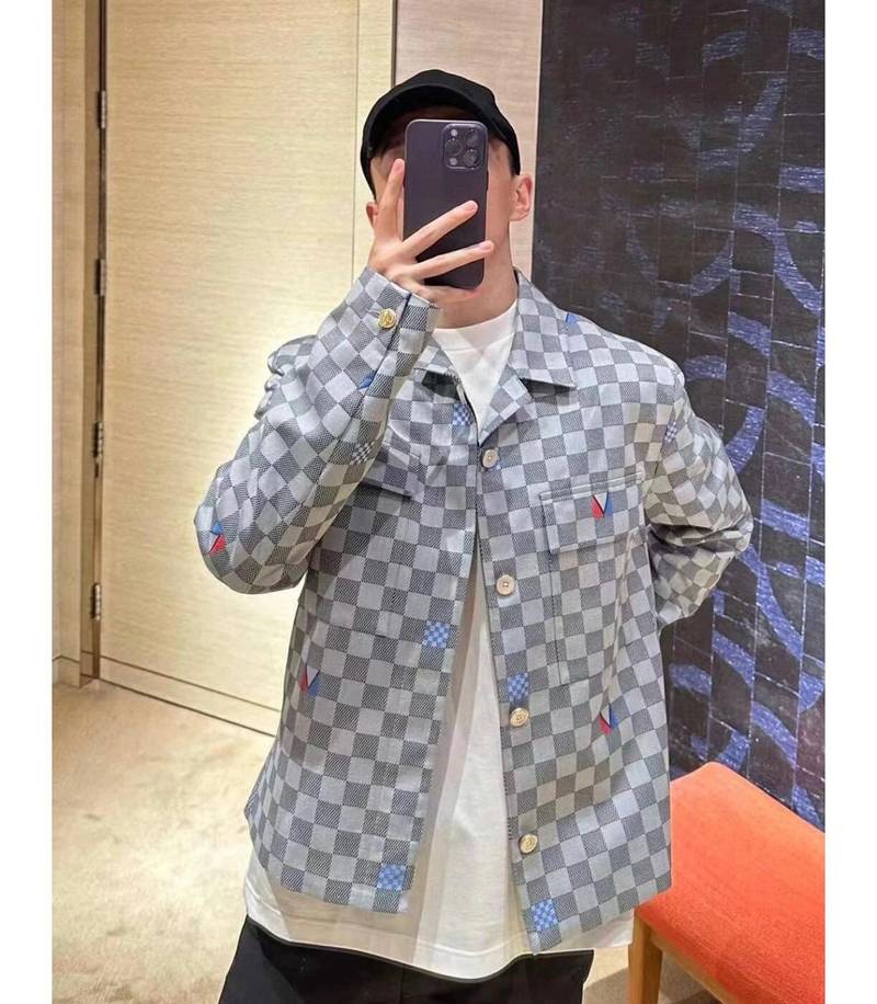 Damier Open Collar Cotton Overshirt