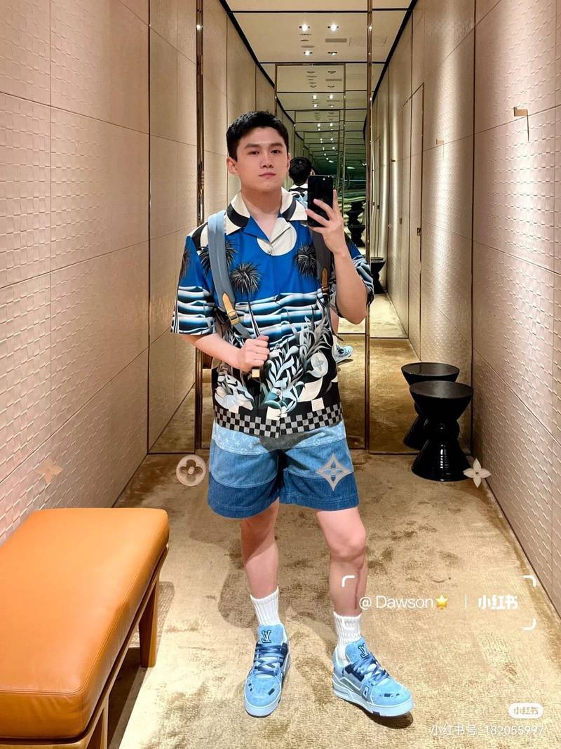 LV Printed Short-Sleeved Cotton Shirt+Technical Cotton Jersey Shorts