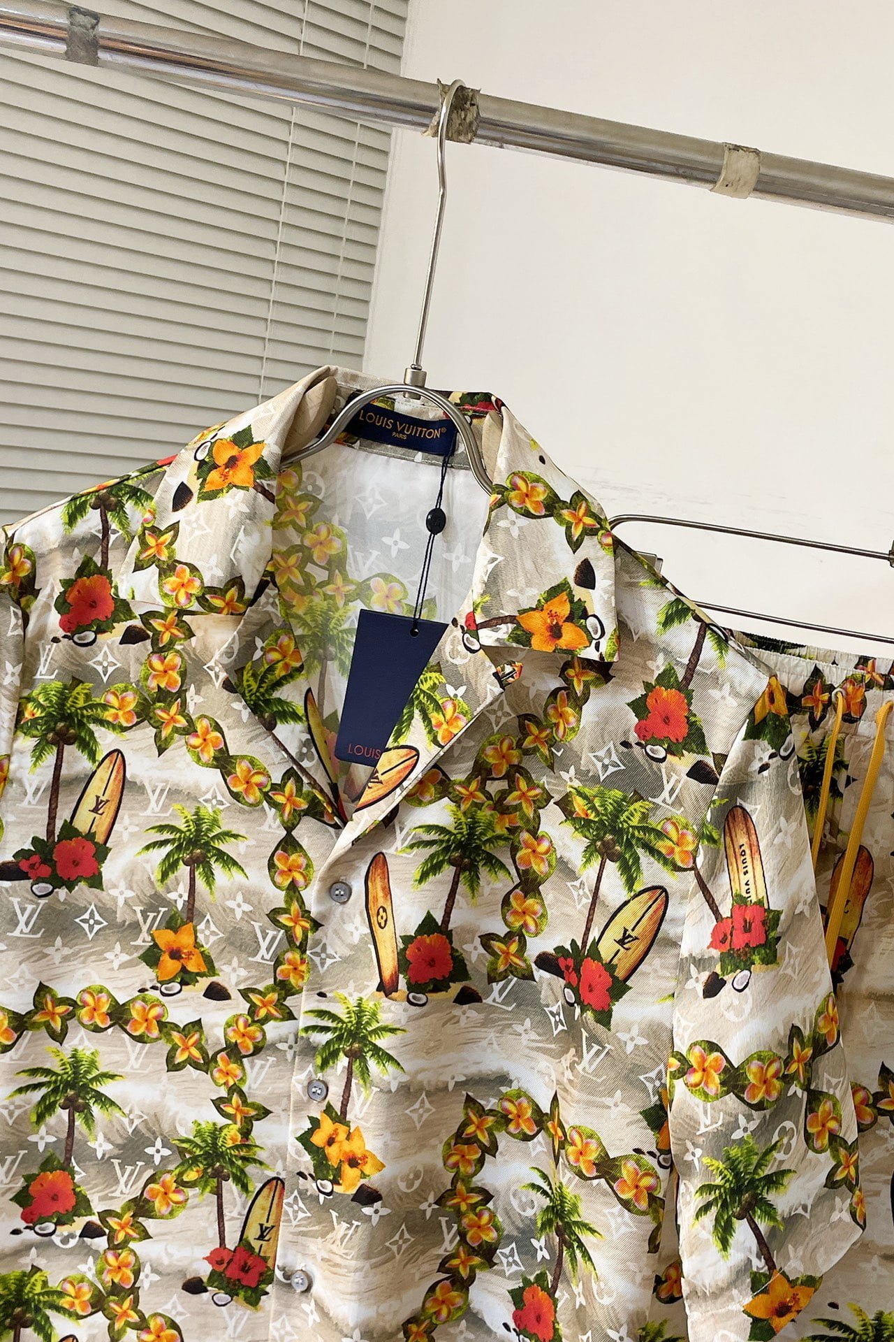 LV Monogram Short-Sleeved Silk Shirt +Monogram Silk Drawstring Shorts