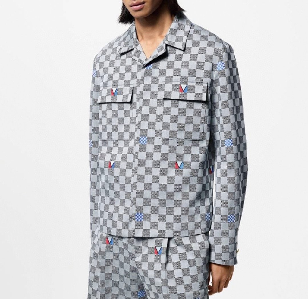 Damier Open Collar Cotton Overshirt