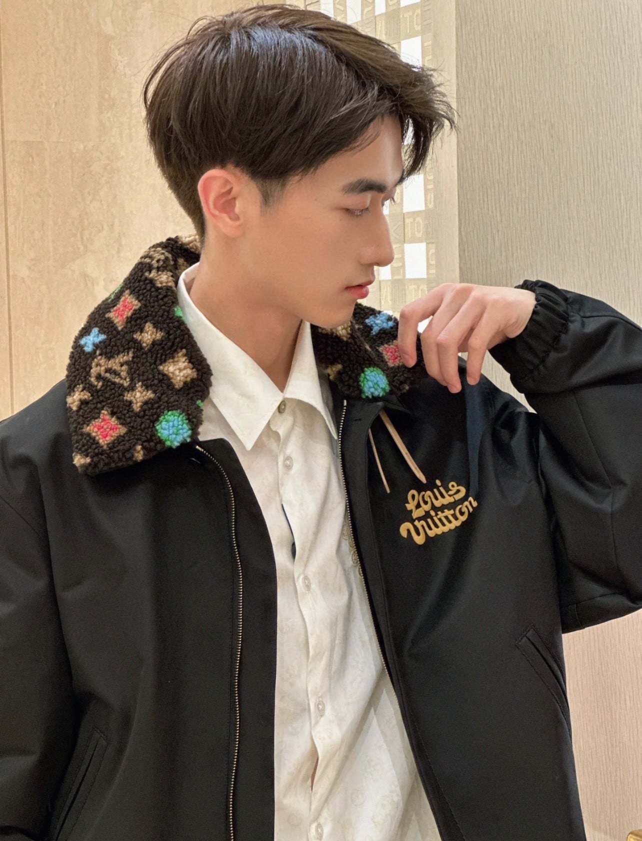 Cotton Aviator Jacket With Monogram Fleece Collar