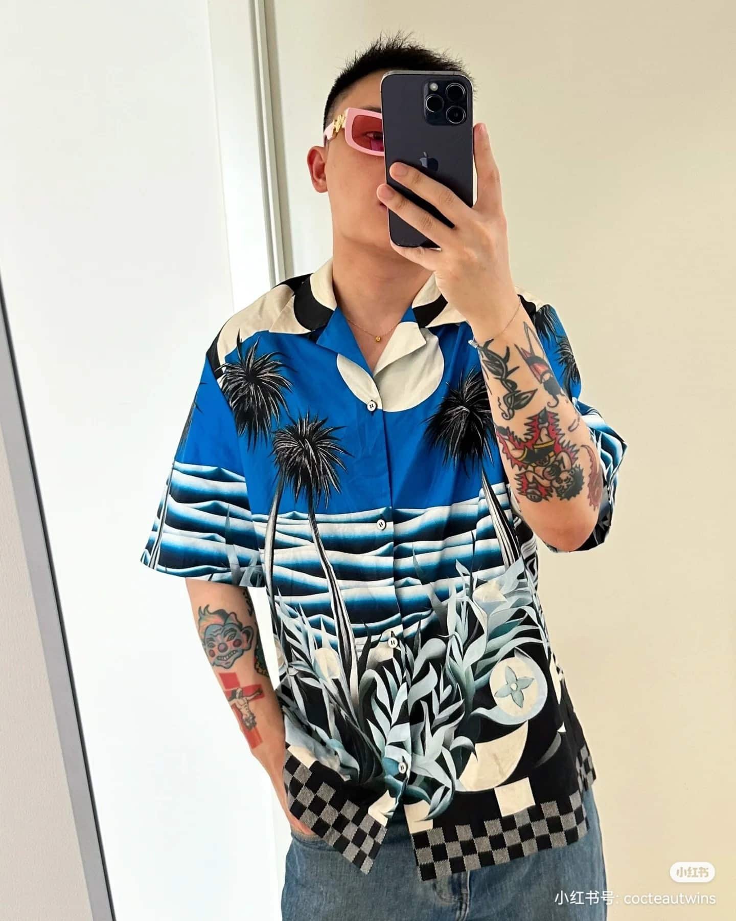 LV Printed Short-Sleeved Cotton Shirt+Technical Cotton Jersey Shorts