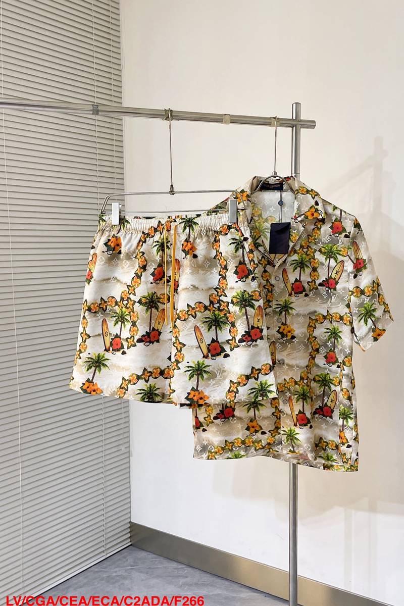 LV Monogram Short-Sleeved Silk Shirt +Monogram Silk Drawstring Shorts