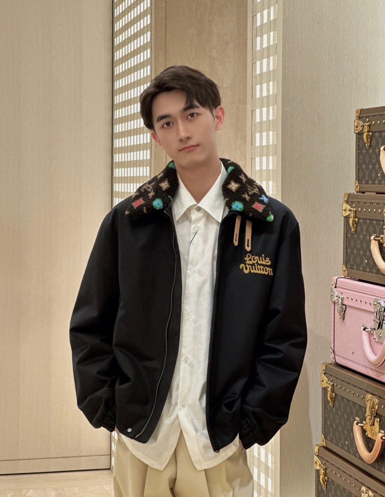 Cotton Aviator Jacket With Monogram Fleece Collar