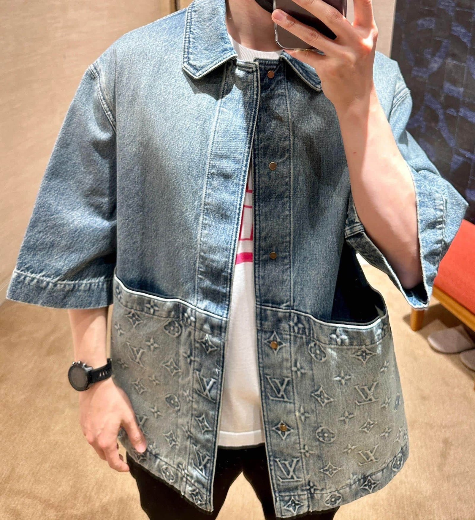 LV Short-Sleeved Denim Workwear Shirt+shorts
