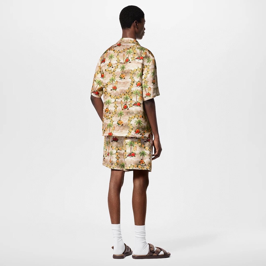 LV Monogram Short-Sleeved Silk Shirt +Monogram Silk Drawstring Shorts