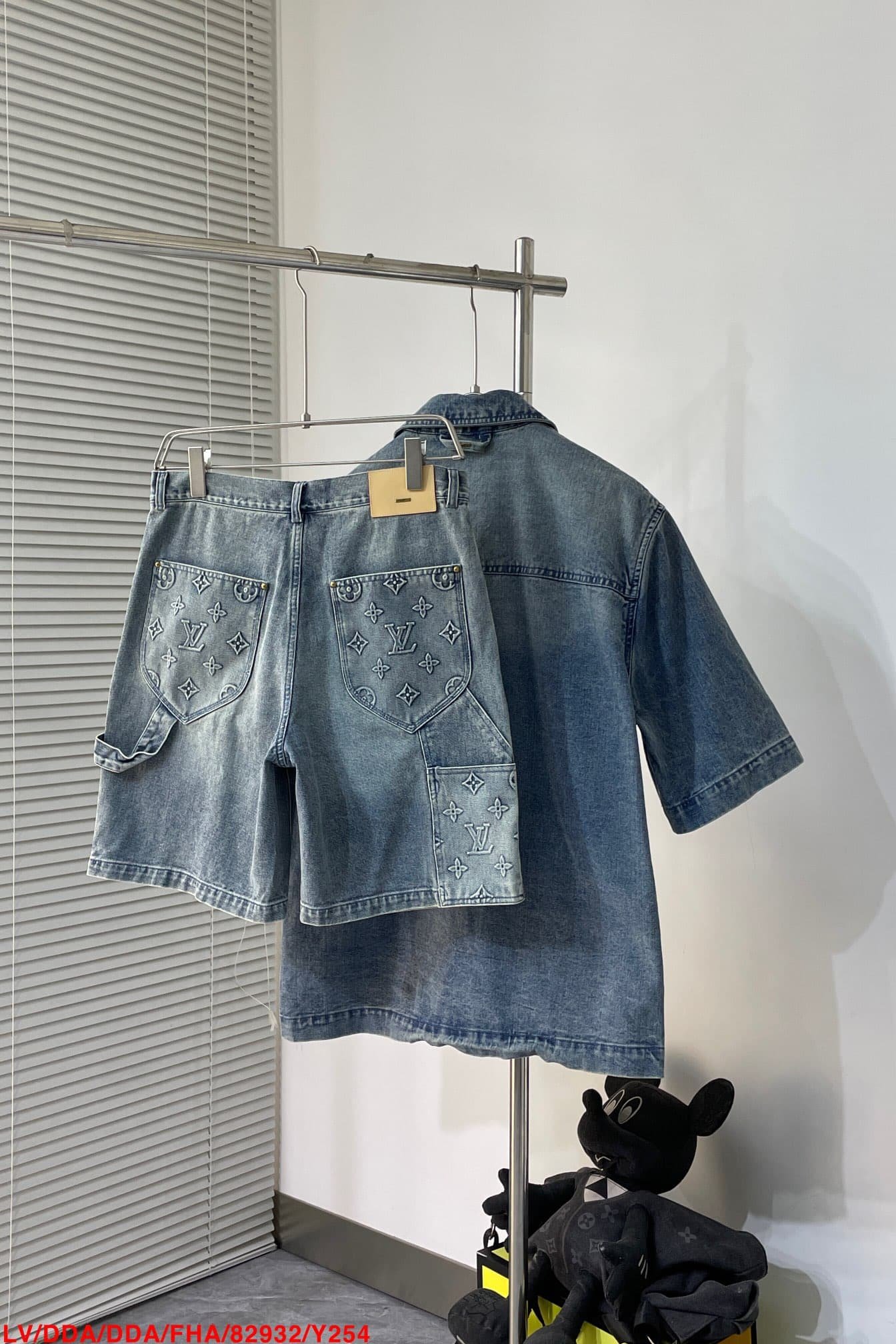 LV Short-Sleeved Denim Workwear Shirt+shorts