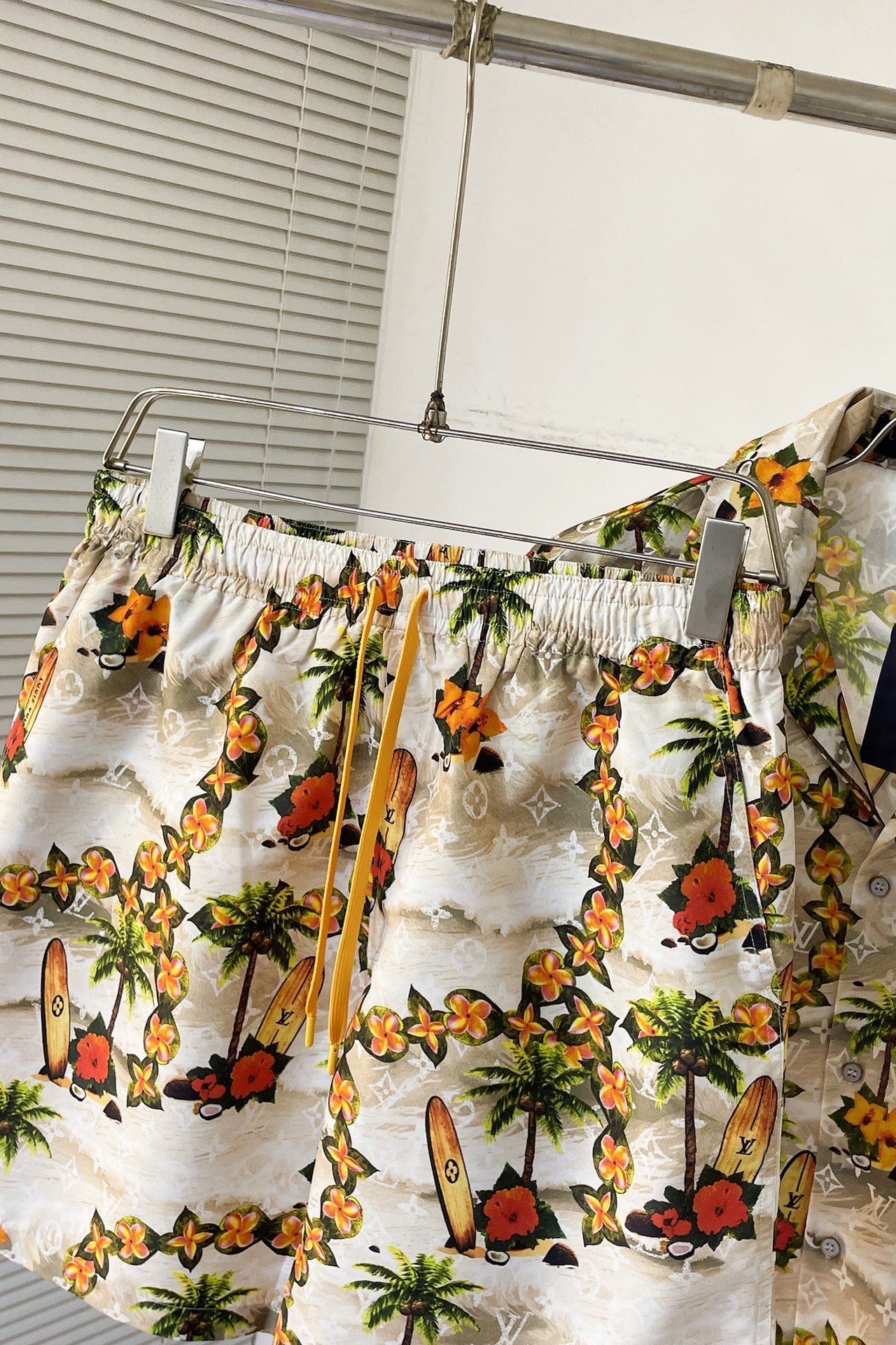 LV Monogram Short-Sleeved Silk Shirt +Monogram Silk Drawstring Shorts