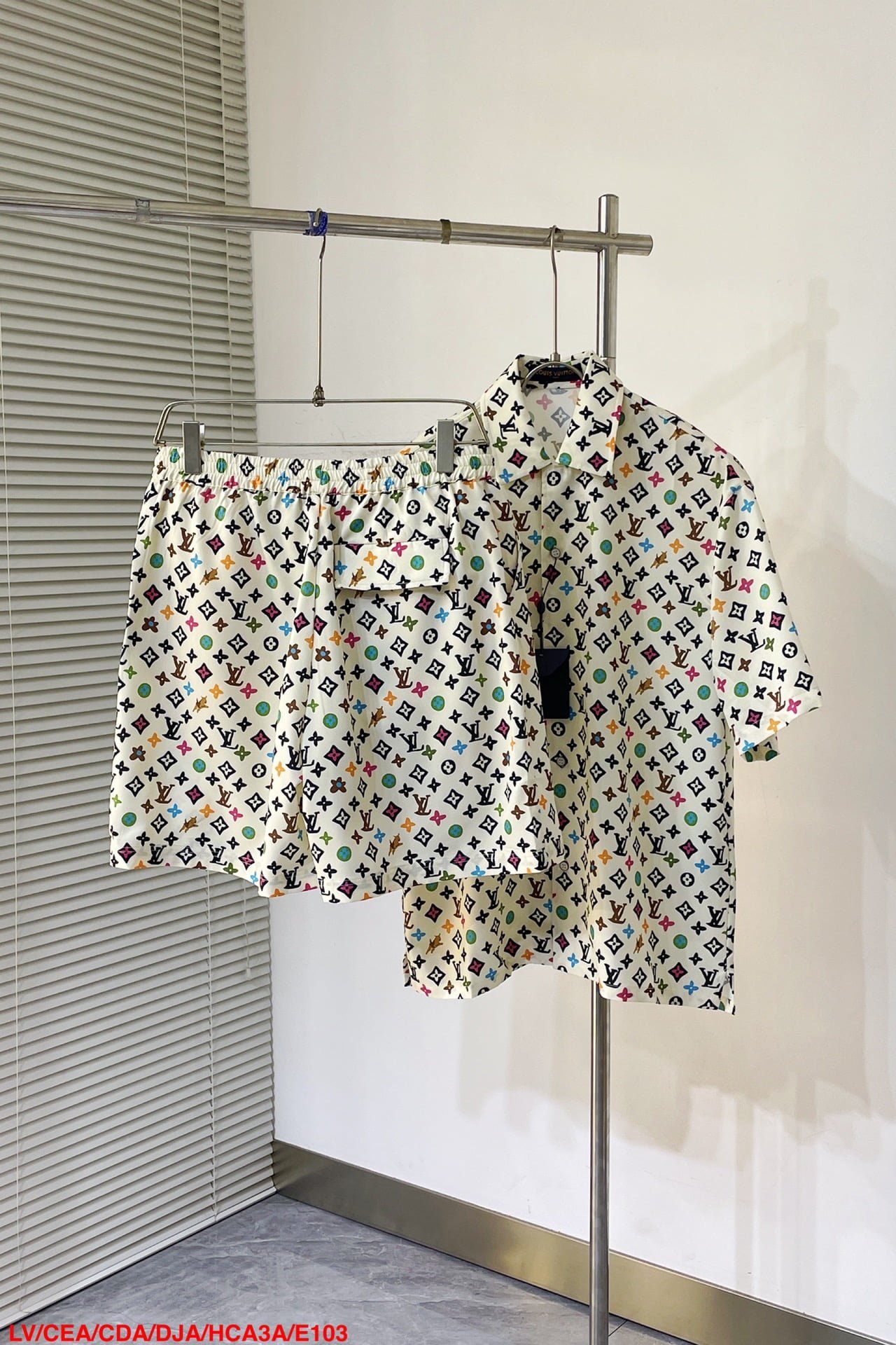 LV Monogram Printed Short-Sleeved Silk Shirt+Monogram Printed Silk Shorts