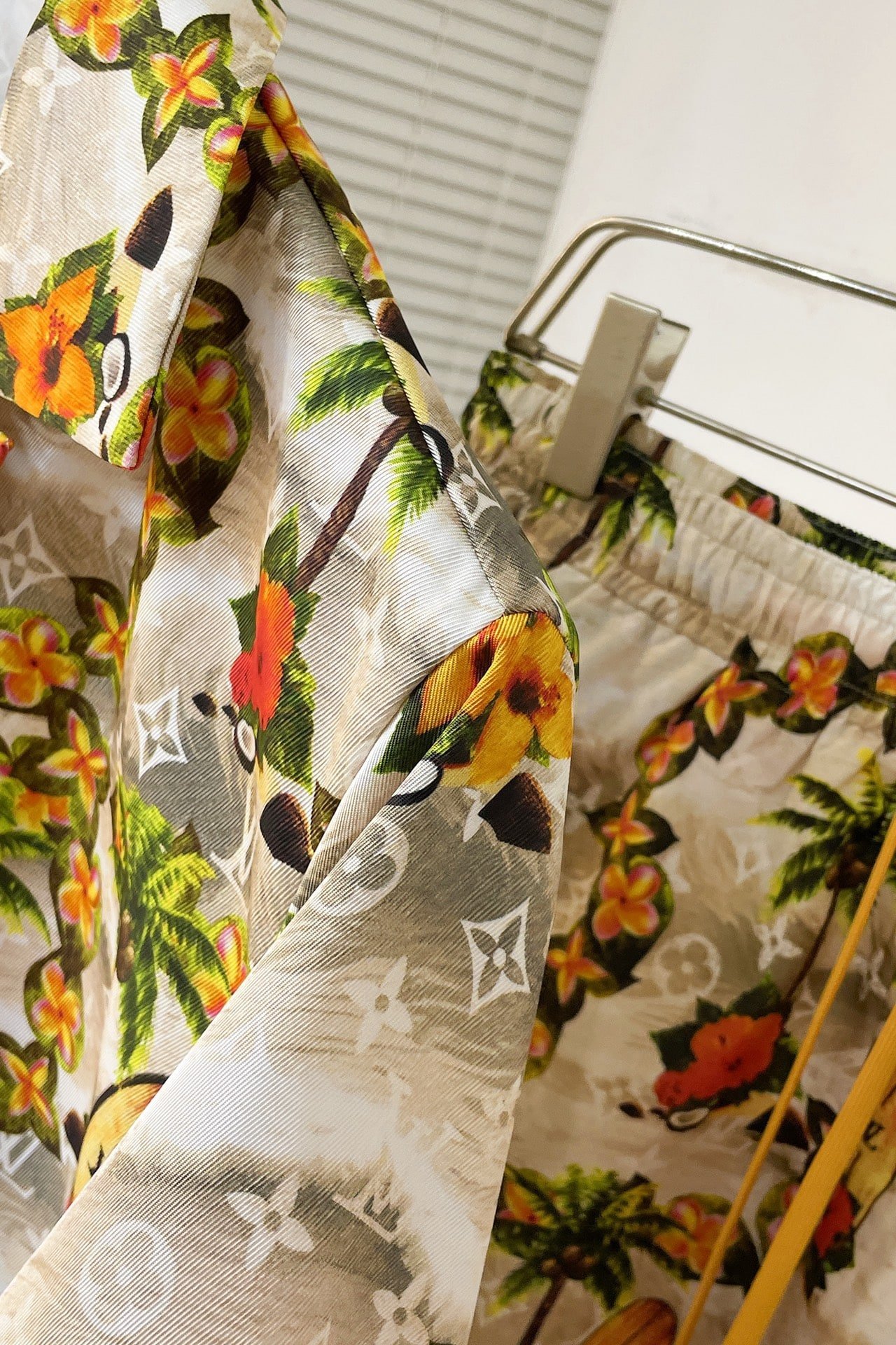 LV Monogram Short-Sleeved Silk Shirt +Monogram Silk Drawstring Shorts