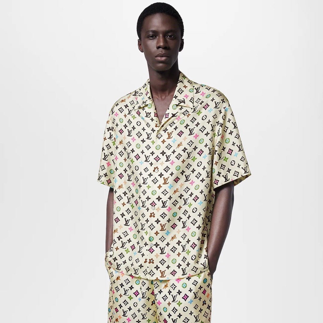 LV Monogram Printed Short-Sleeved Silk Shirt+Monogram Printed Silk Shorts