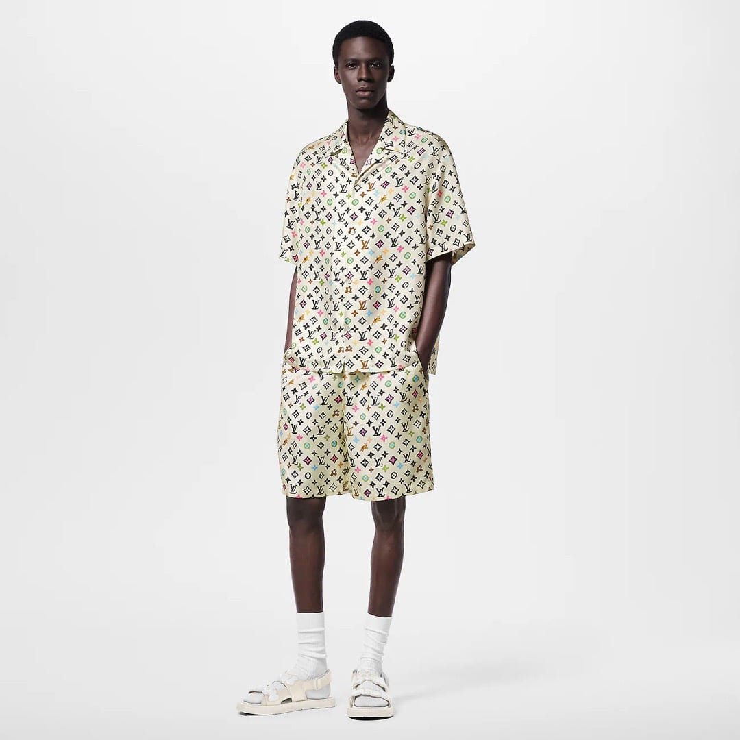 LV Monogram Printed Short-Sleeved Silk Shirt+Monogram Printed Silk Shorts