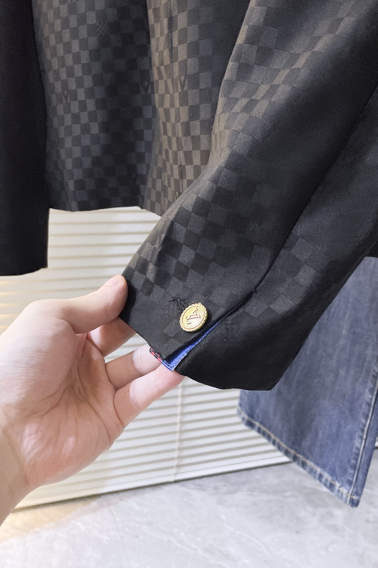 Damier Open Collar Wool Overshirt