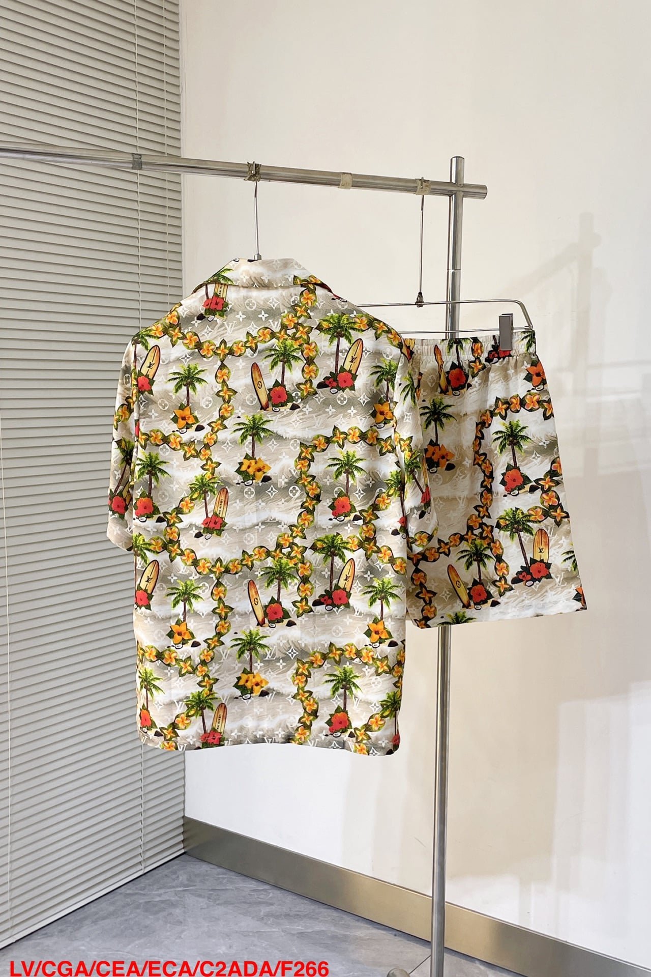 LV Monogram Short-Sleeved Silk Shirt +Monogram Silk Drawstring Shorts