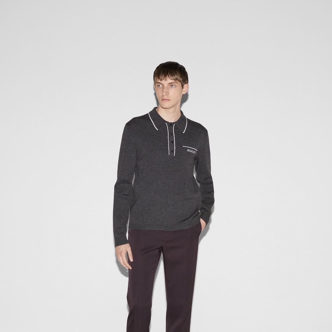 Knit wool long sleeve polo top