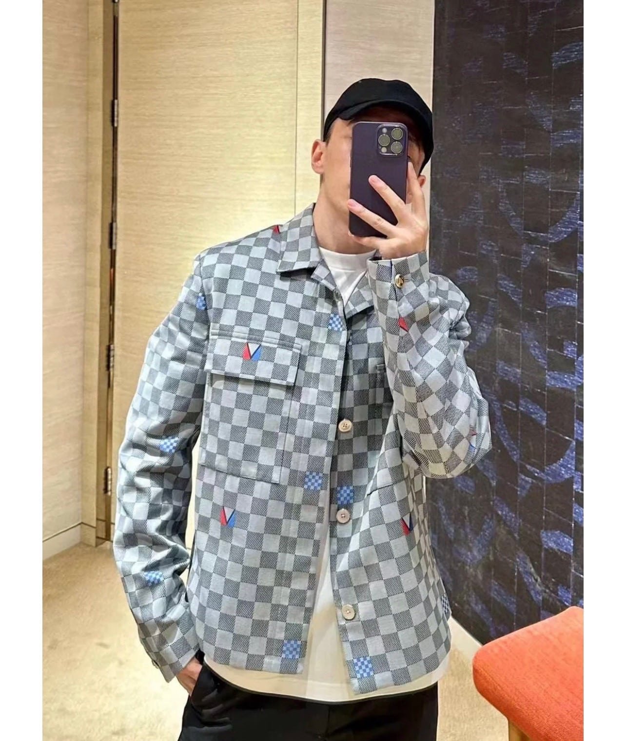 Damier Open Collar Cotton Overshirt