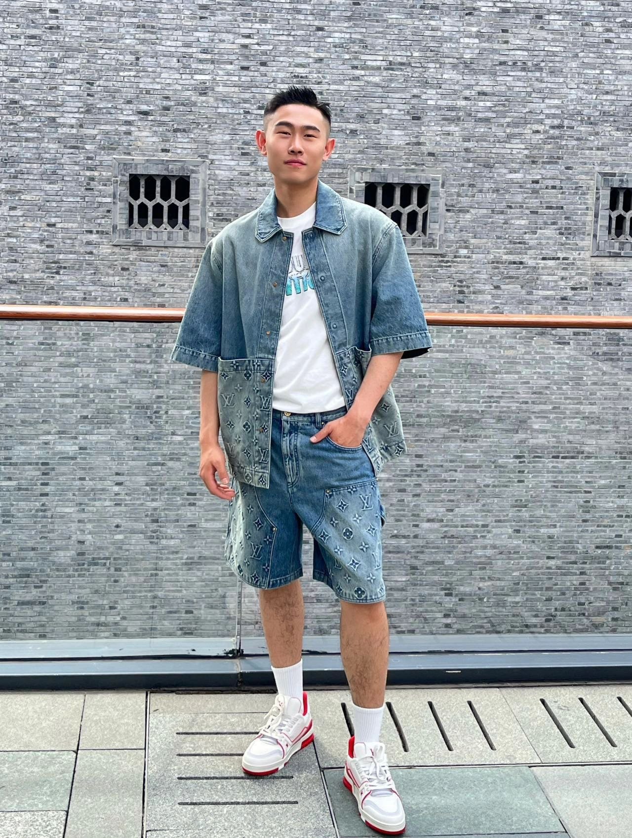 LV Short-Sleeved Denim Workwear Shirt+shorts