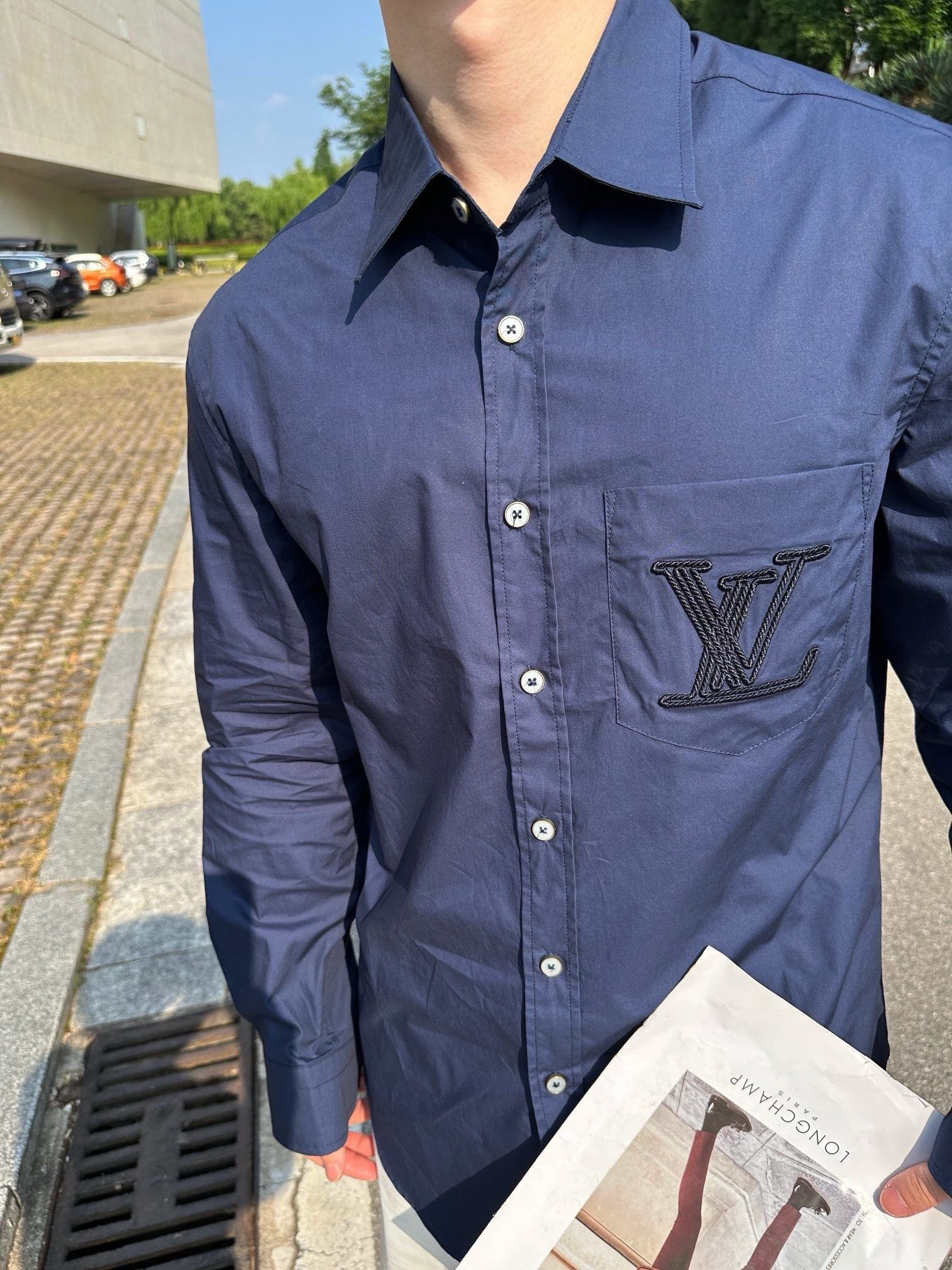 LV Embroidered Long-Sleeved Cotton Shirt