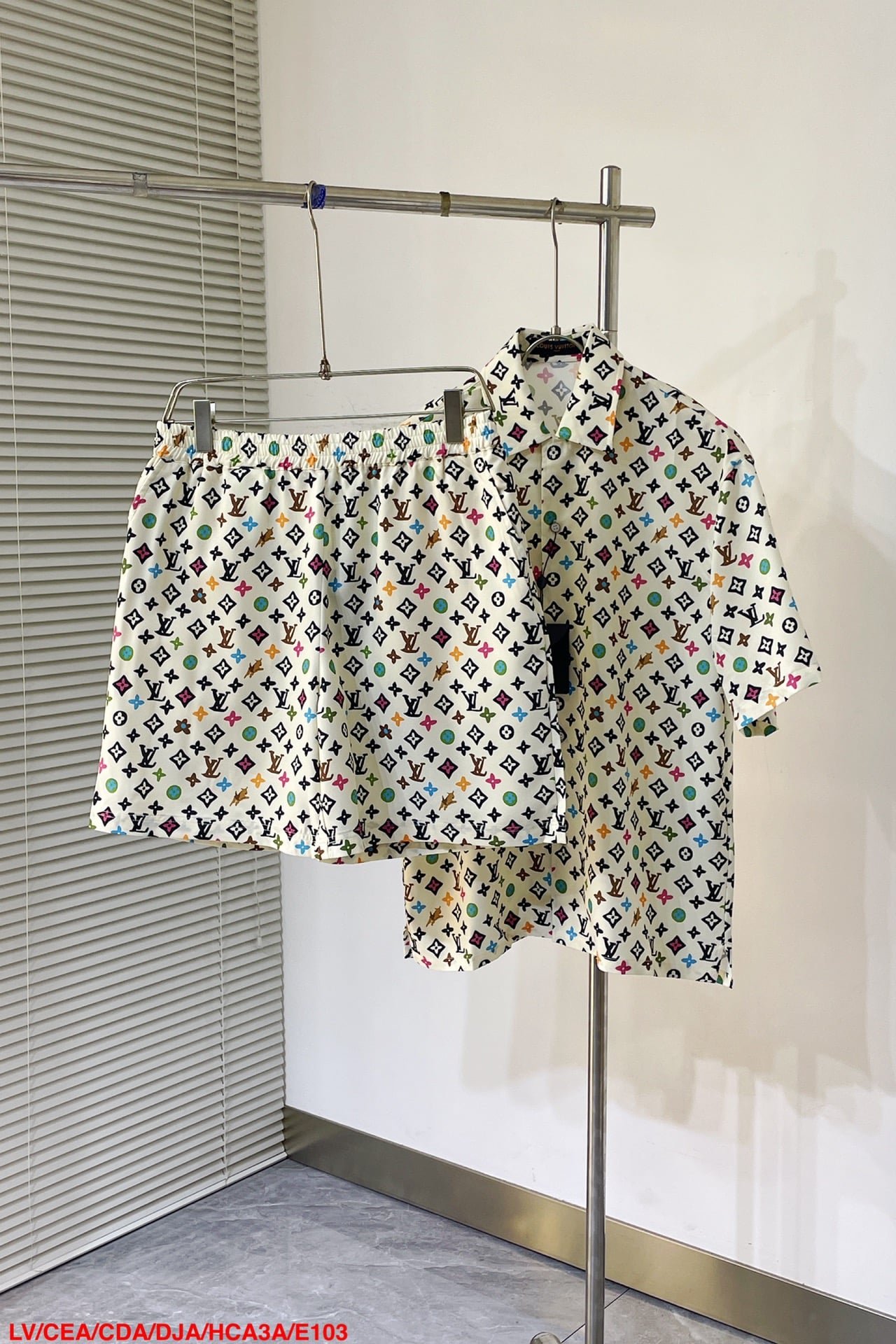 LV Monogram Printed Short-Sleeved Silk Shirt+Monogram Printed Silk Shorts