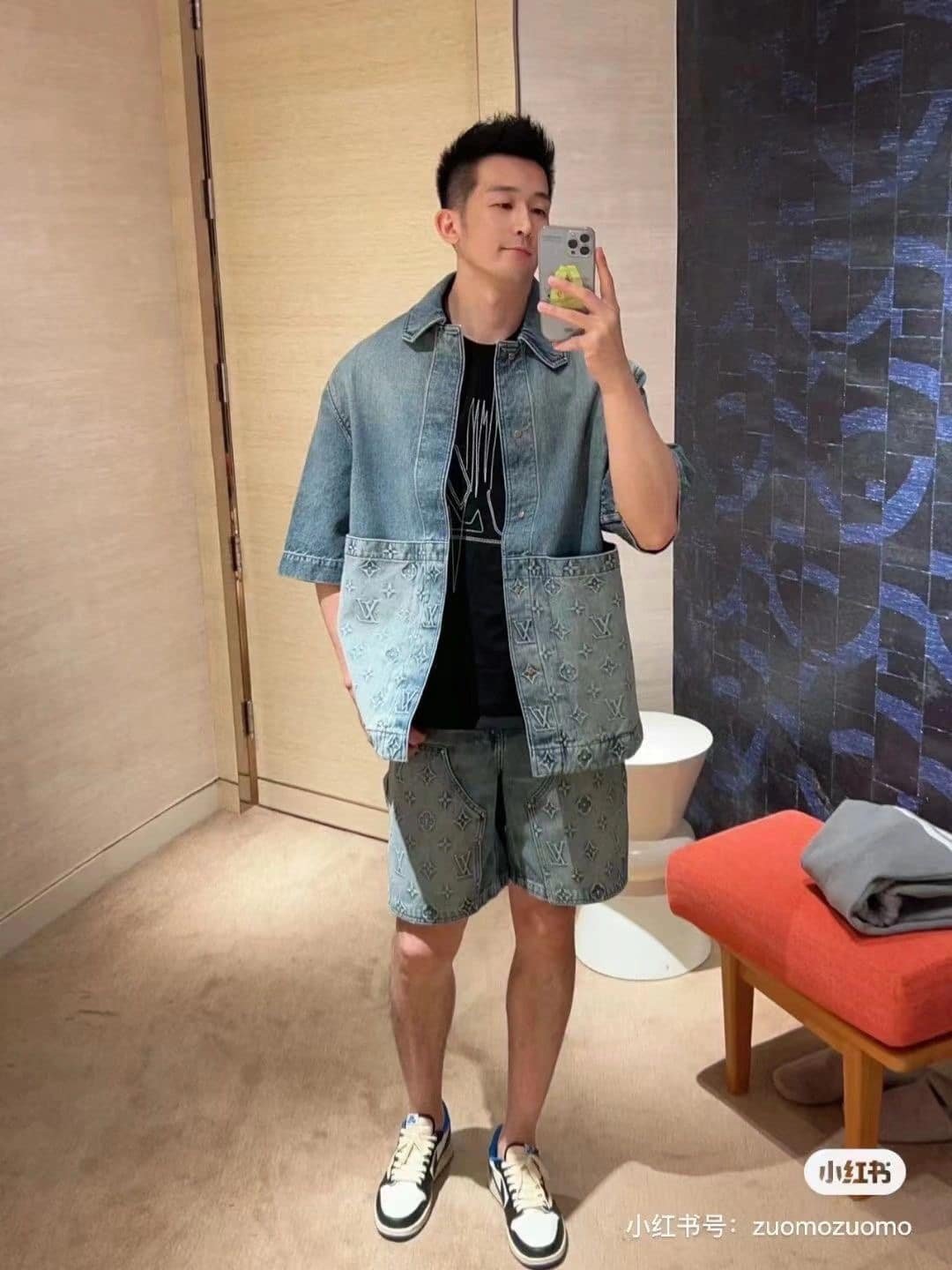 LV Short-Sleeved Denim Workwear Shirt+shorts