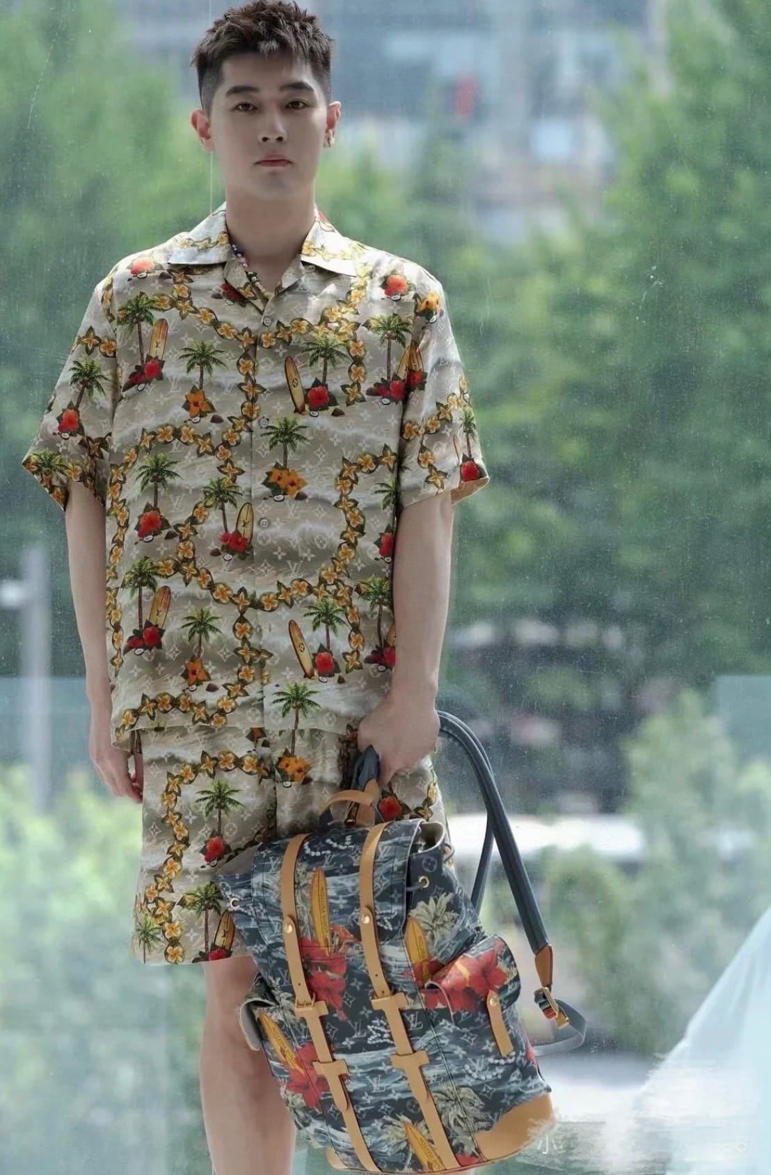 LV Monogram Short-Sleeved Silk Shirt +Monogram Silk Drawstring Shorts