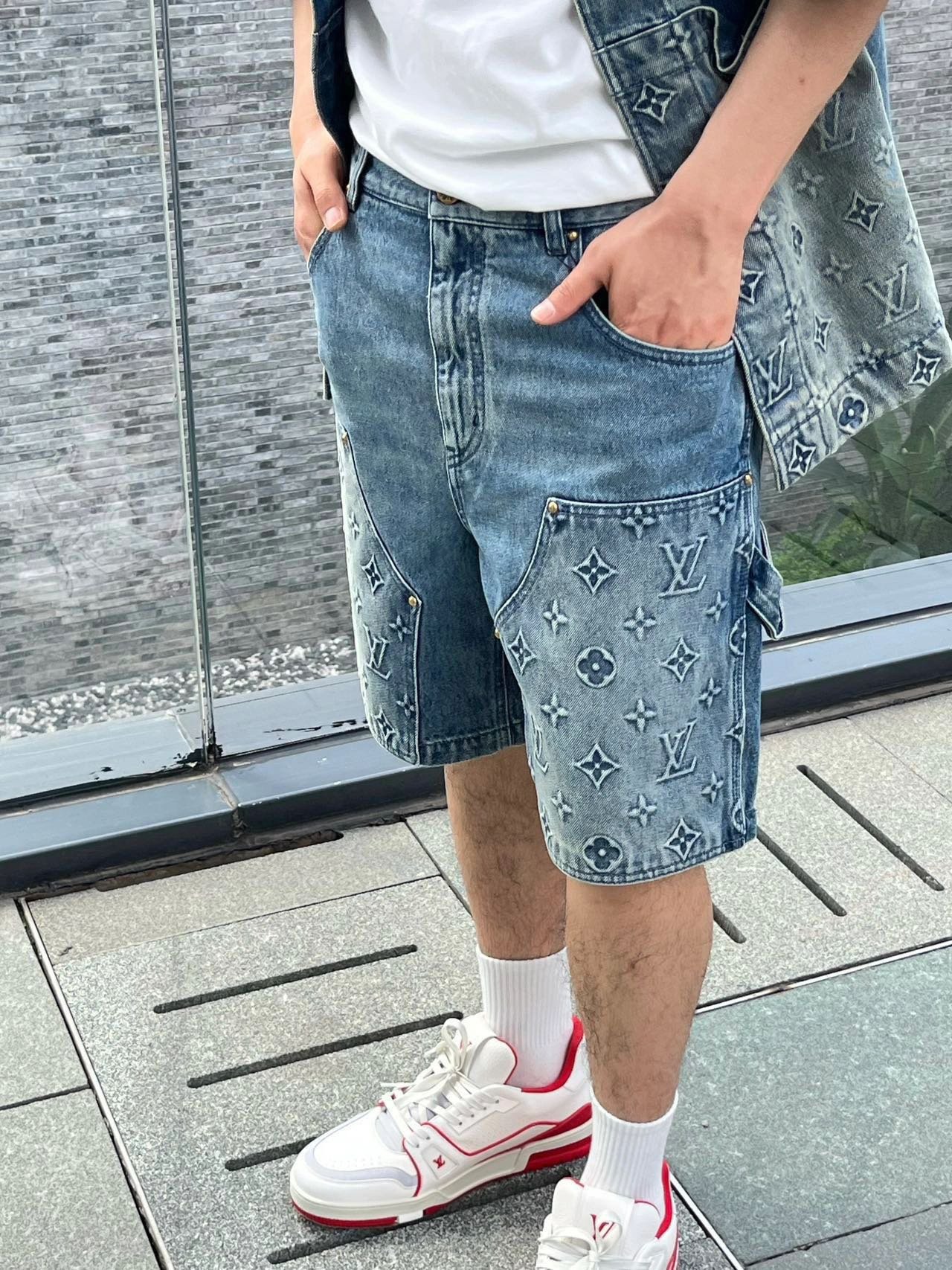 LV Short-Sleeved Denim Workwear Shirt+shorts