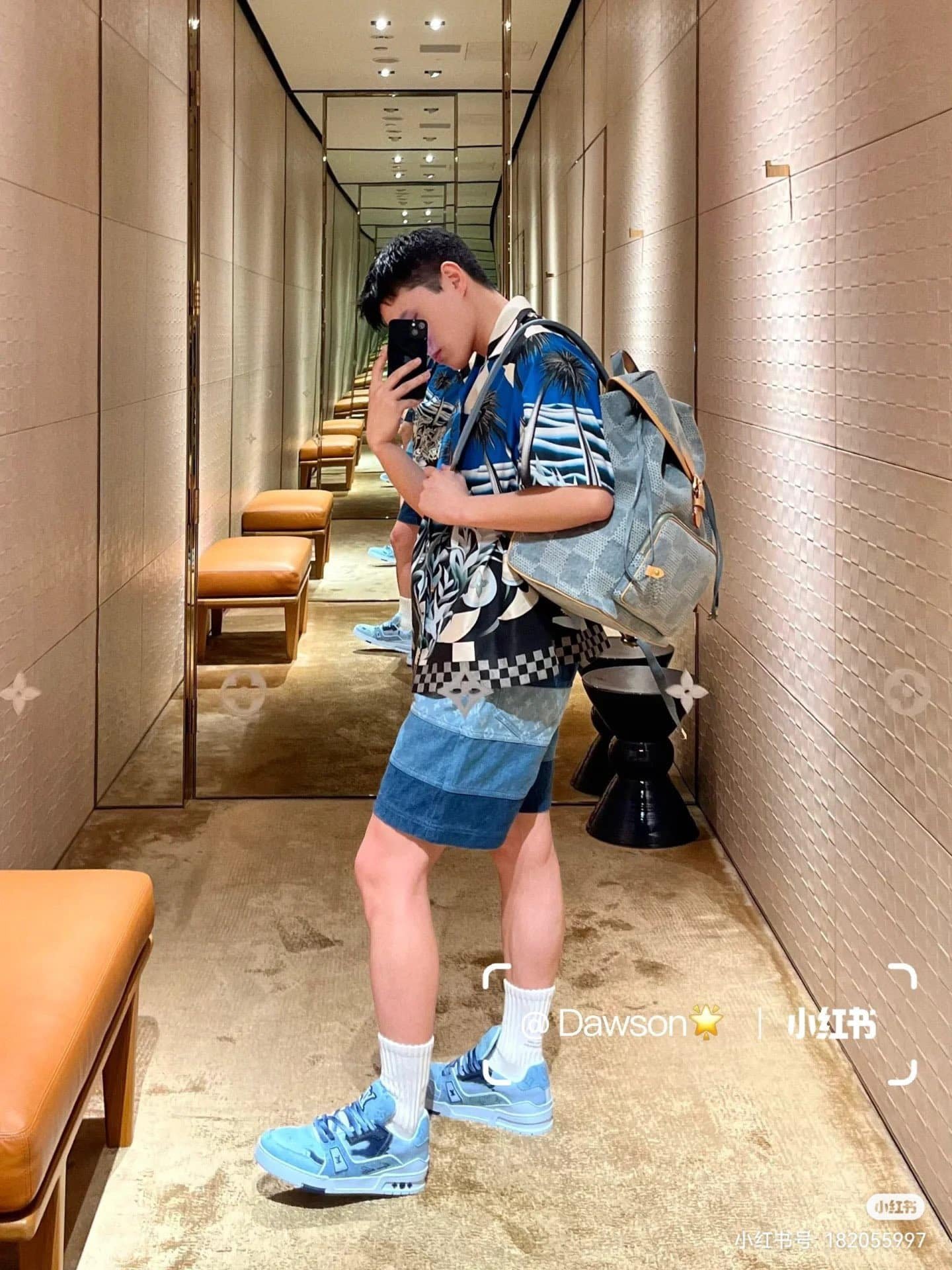 LV Printed Short-Sleeved Cotton Shirt+Technical Cotton Jersey Shorts