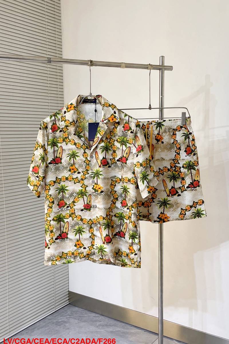 LV Monogram Short-Sleeved Silk Shirt +Monogram Silk Drawstring Shorts
