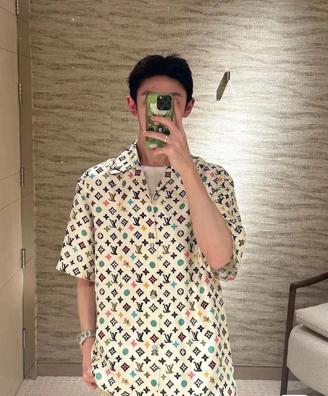 LV Monogram Printed Short-Sleeved Silk Shirt+Monogram Printed Silk Shorts