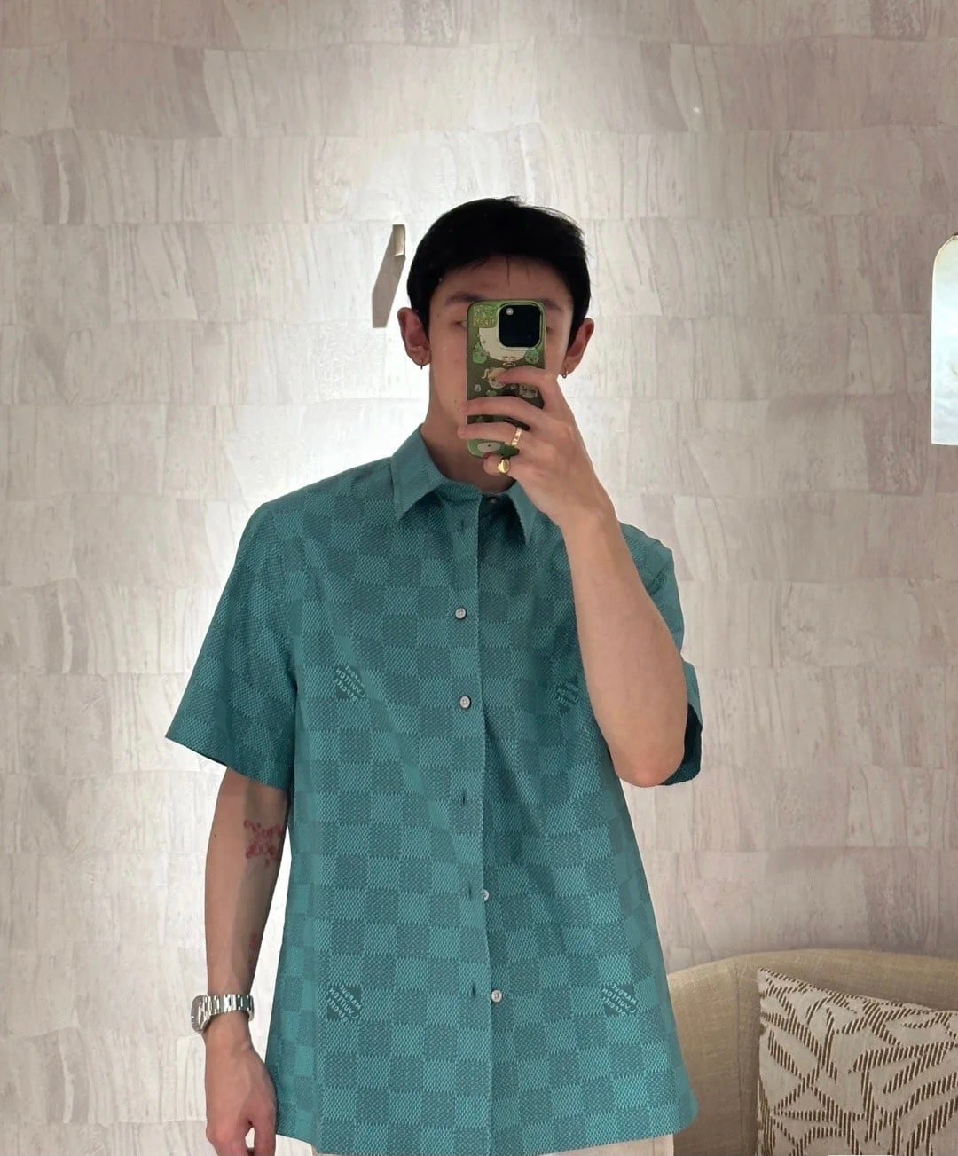 LV Printed Short-Sleeved Cotton Shirt+Printed Nylon Swimshorts