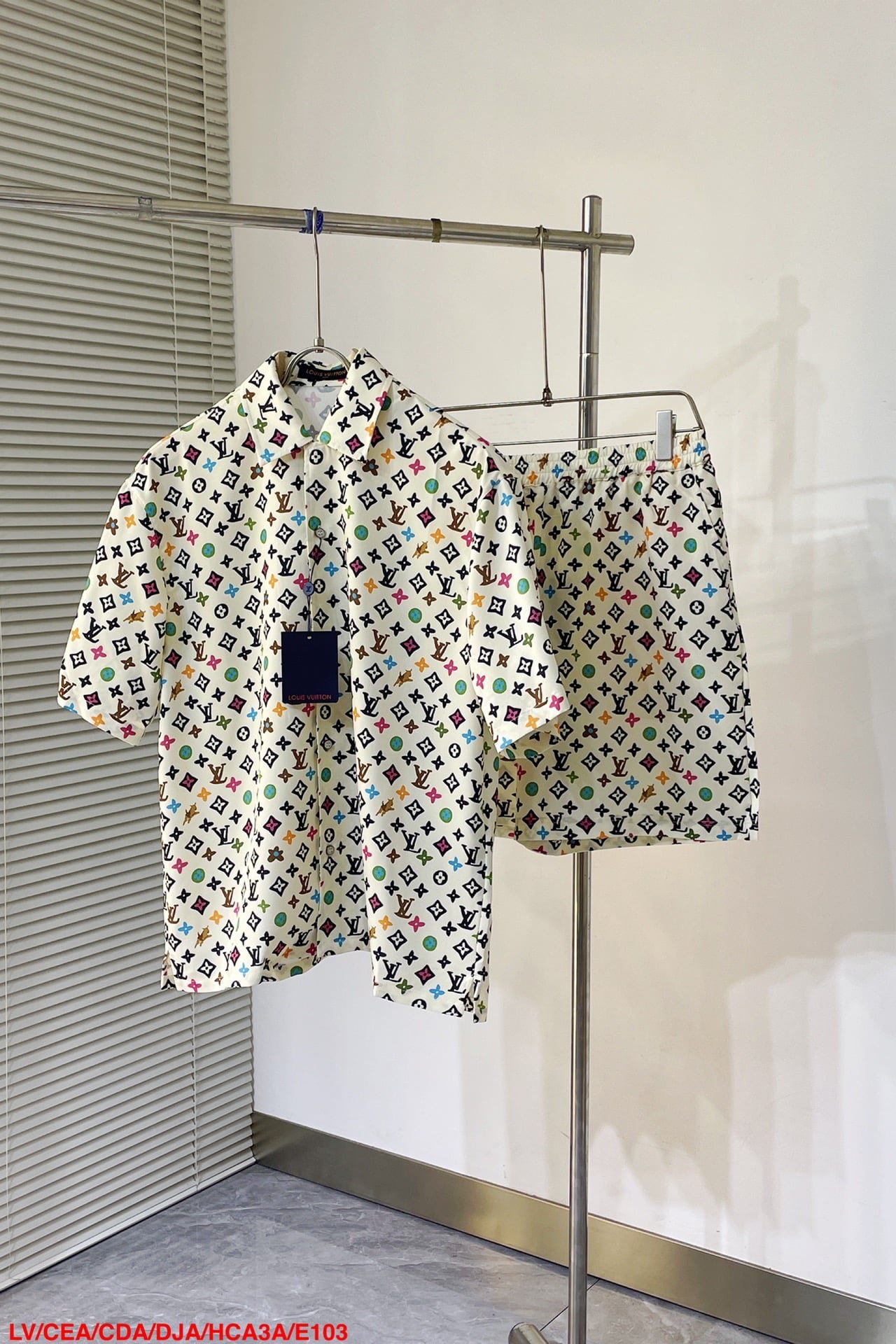 LV Monogram Printed Short-Sleeved Silk Shirt+Monogram Printed Silk Shorts